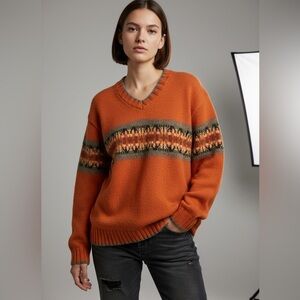VTG Eddie Bauer Wool Blend V-Neck Sweater Rust Orange Aztec Tribal USA Petite S